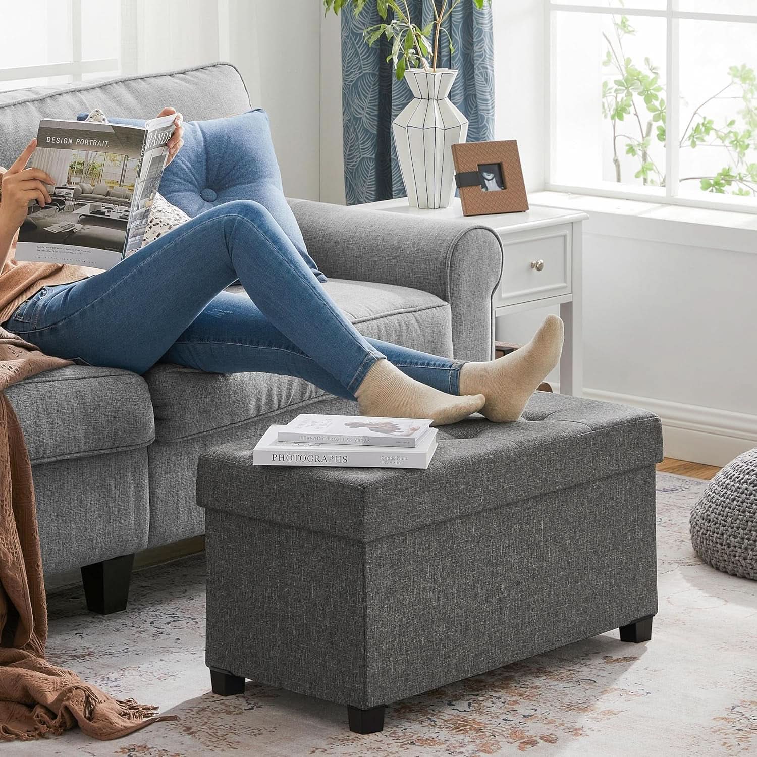 Slate Gray Storage Ottoman Bench 15x30x15.2 Inches-3