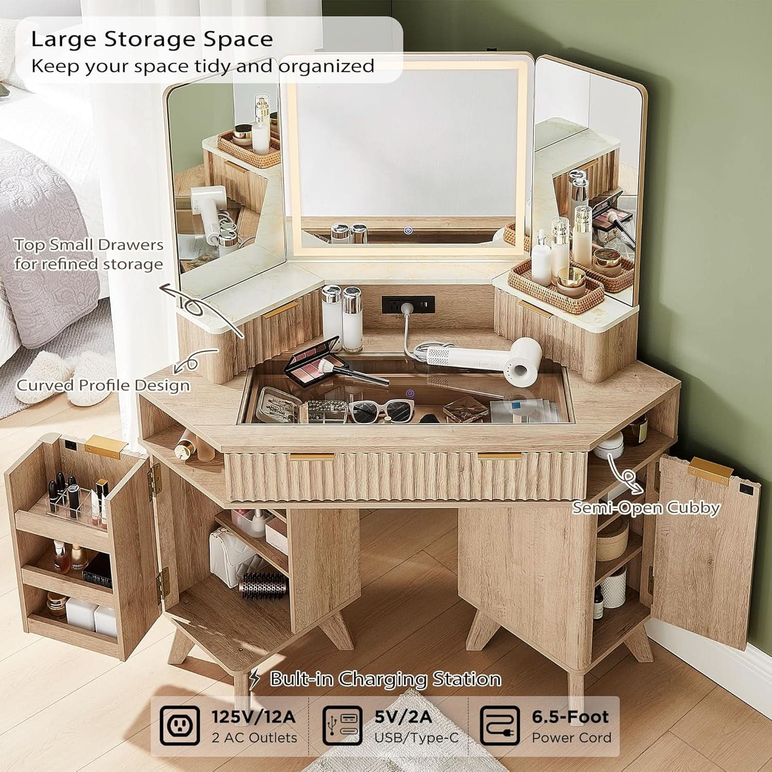 Natural Oak Forty Eight Inch Makeup Vanity Desk Three Way Mirror With Lights-1