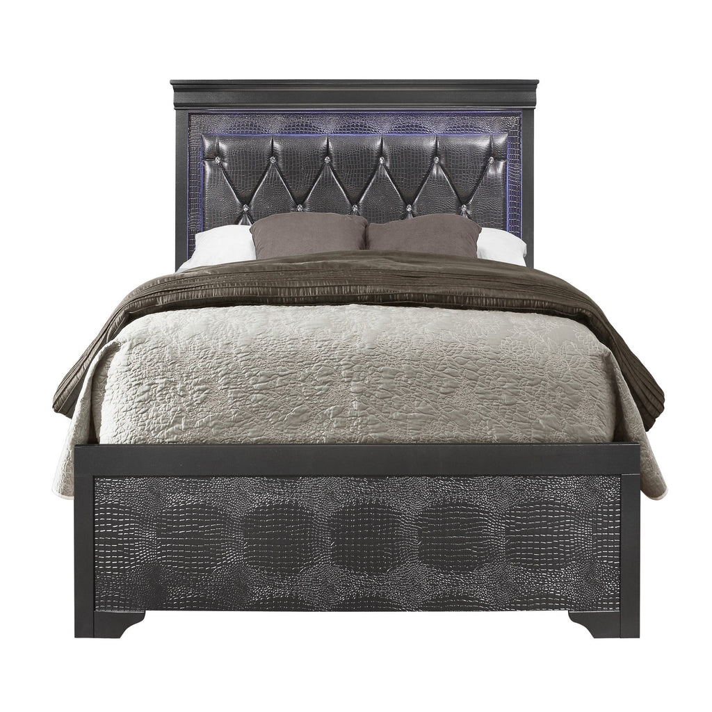 Shaker Grey King 5PC Bedroom Set with Tufted Headboard and LED Lighting in Solid Wood and MDF