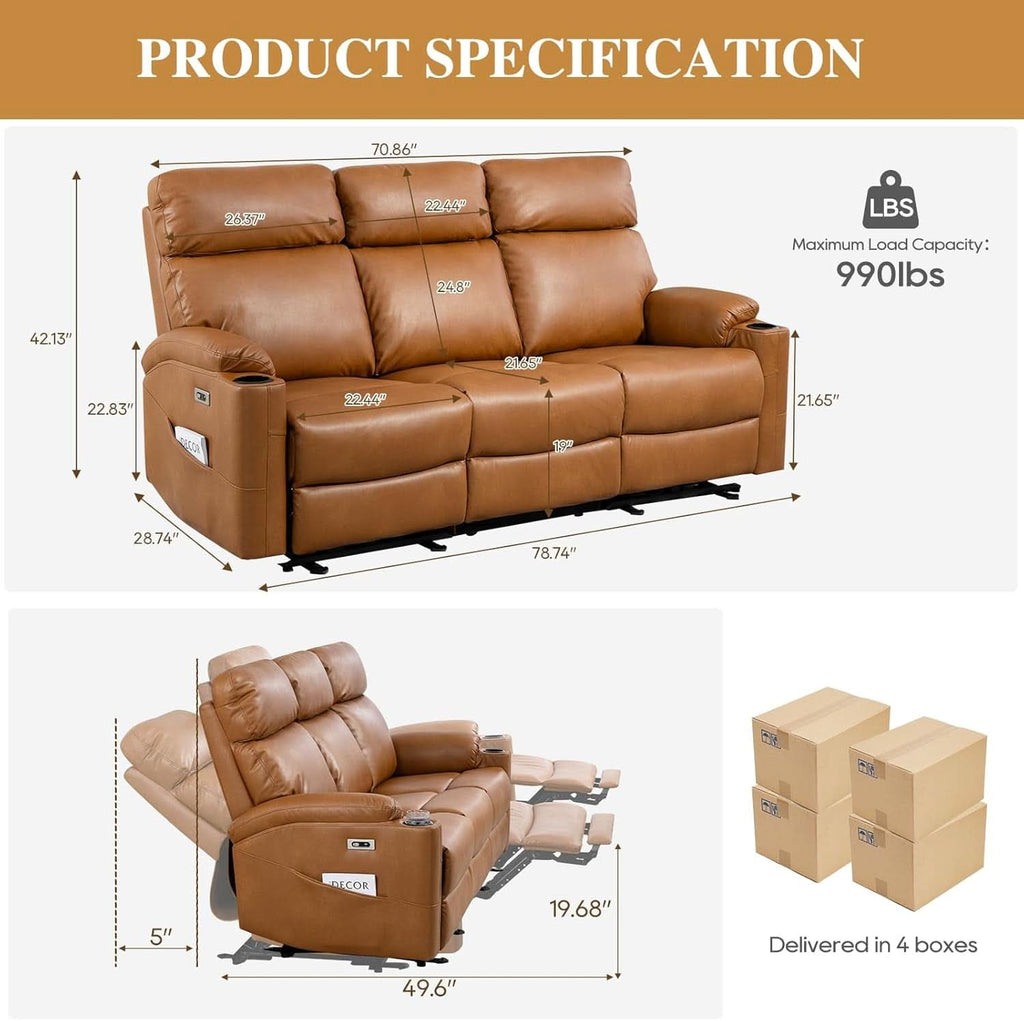 Power Reclining Sofa Brown PU Leather Independent Backrests-1