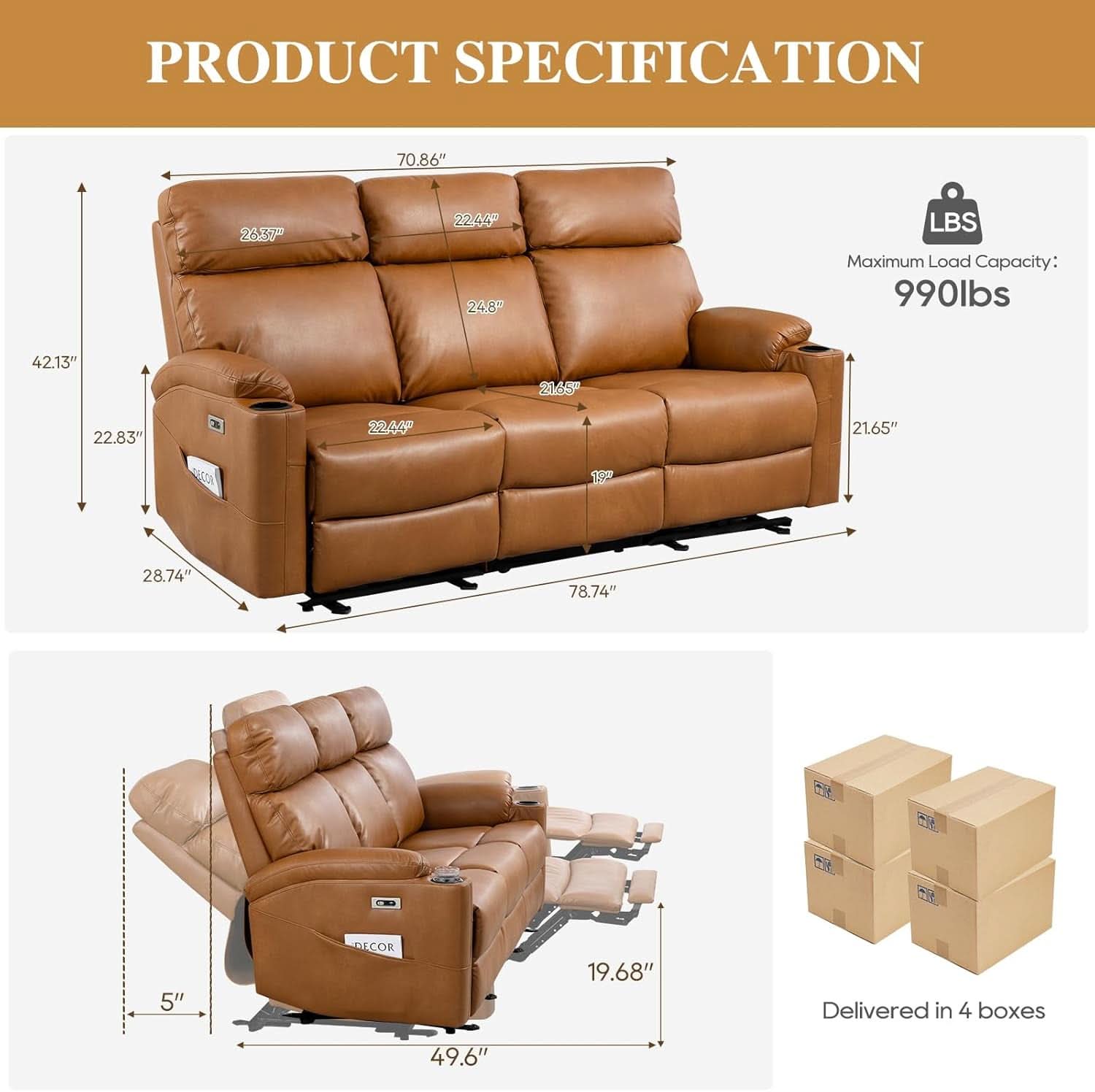 Power Reclining Sofa Brown PU Leather Independent Backrests-1