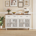 Vintage Sideboard Buffet Cabinet with Hand-Carved Geometric Doors, Distressed Light Wood Finish with Contrast Design, 2 Drawers 4 Doors Storage Cabinet, Adjustable Feet, Raised Base for Easy Cleaning