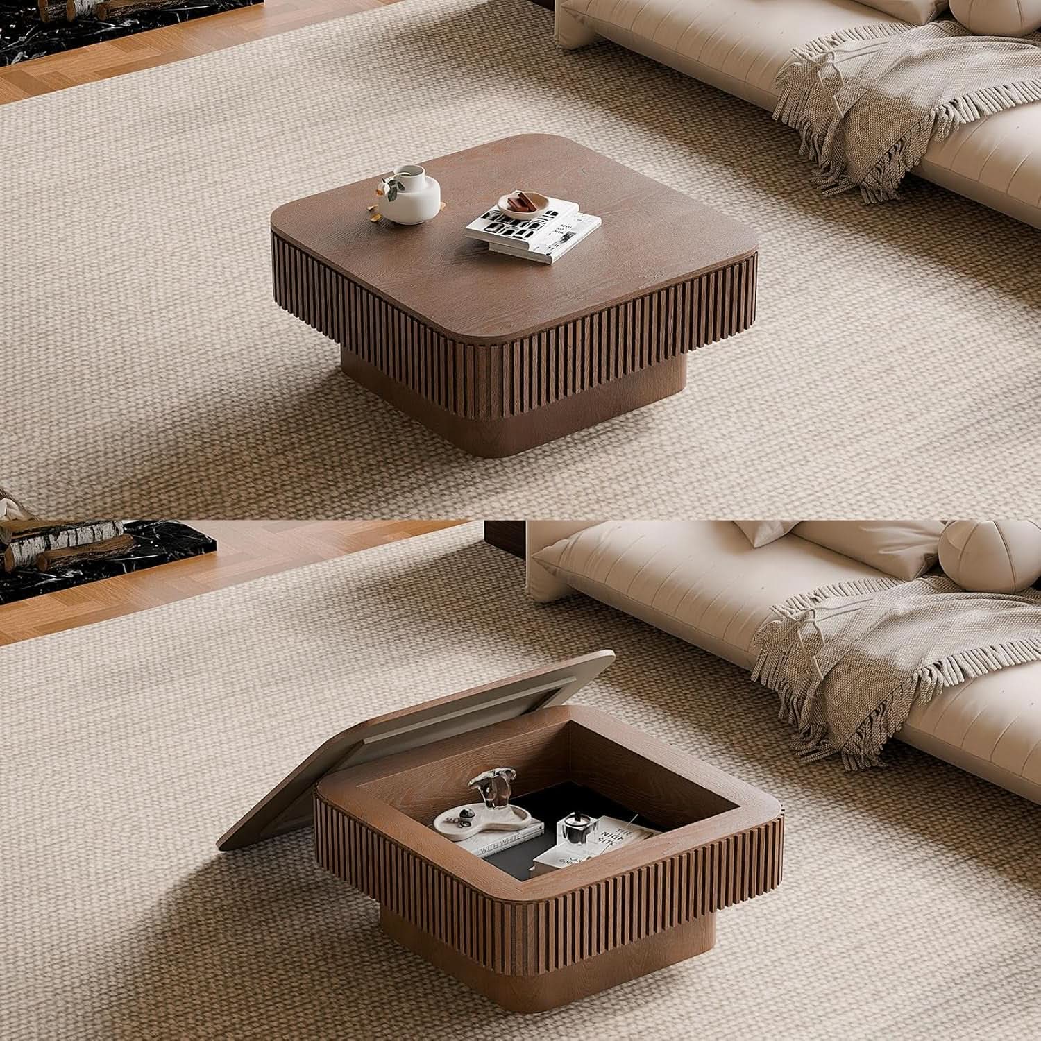 Walnut Square Coffee Table Featuring Concealed Storage-0