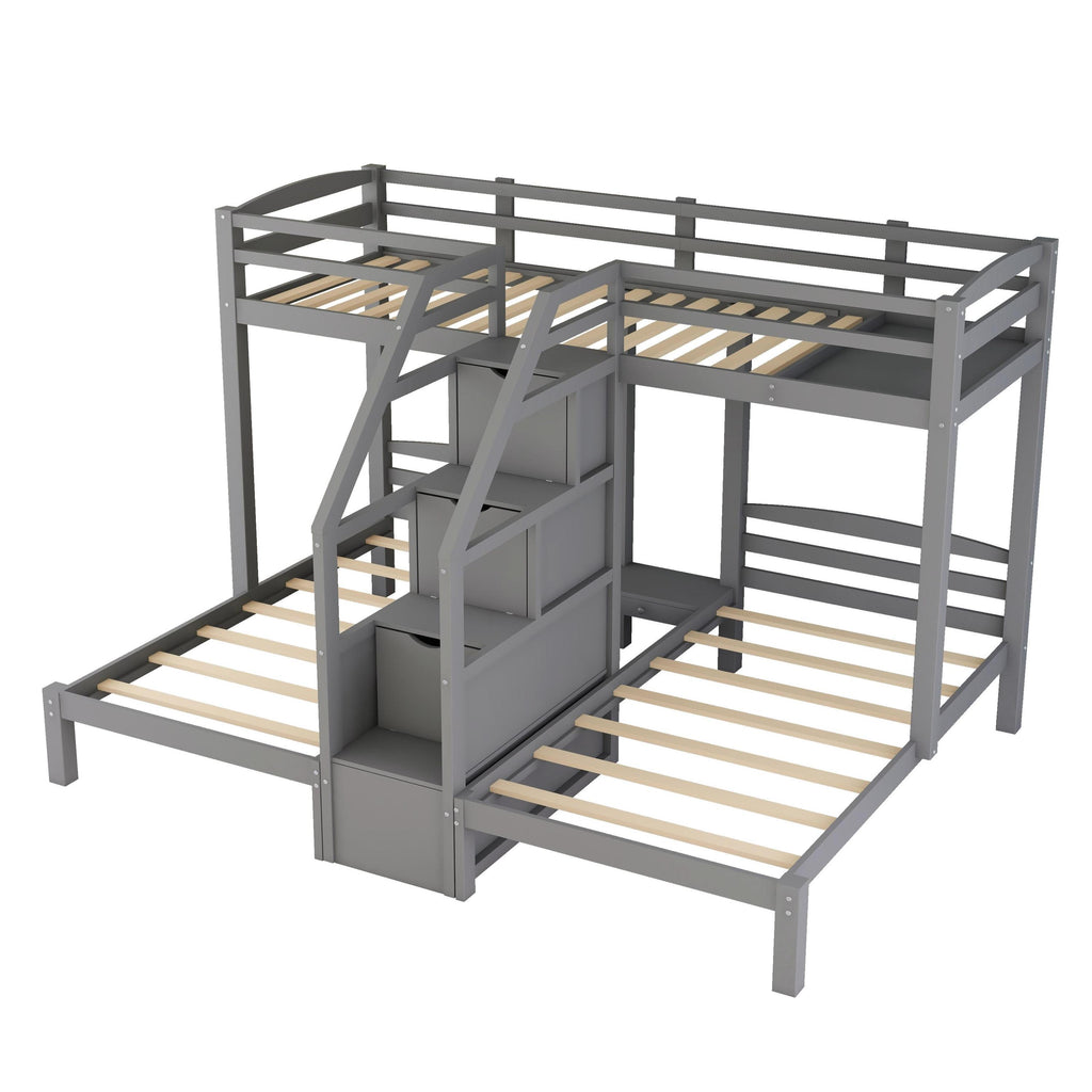 Gray Twin over Twin & Twin Bunk Bed with Built-in Staircase and Storage Drawer, Pine Wood+MDF, 102.3''L x 79.7''W x 61.5''H