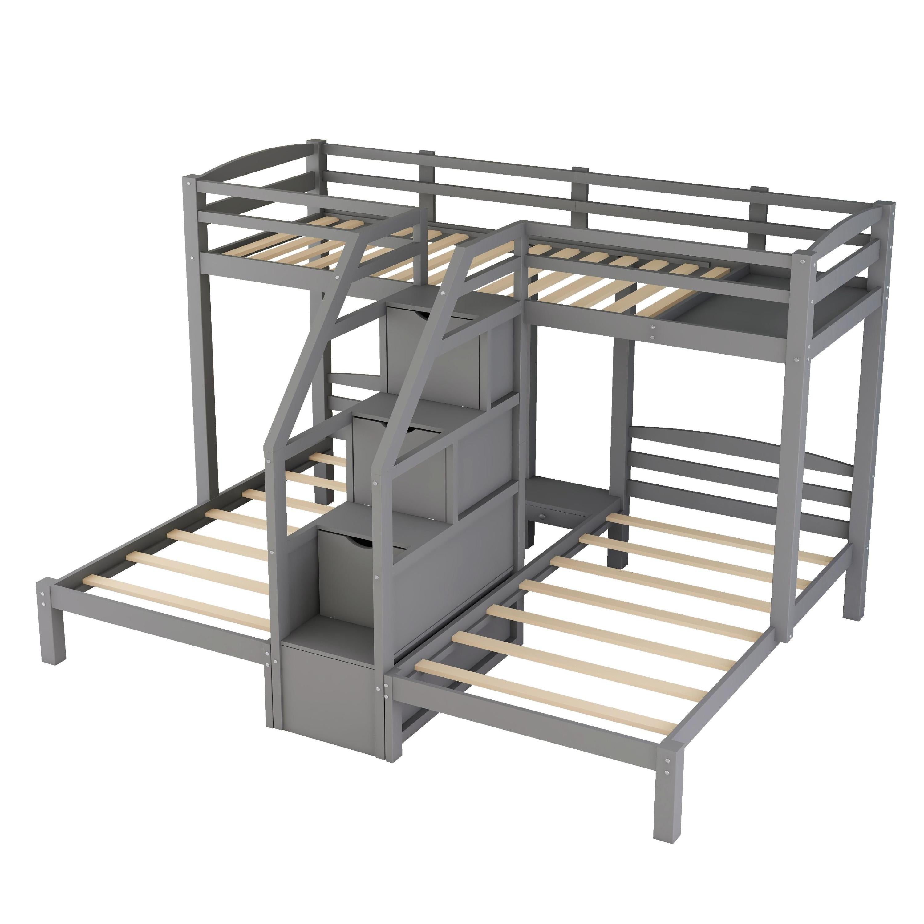 Gray Twin over Twin & Twin Bunk Bed with Built-in Staircase and Storage Drawer, Pine Wood+MDF, 102.3''L x 79.7''W x 61.5''H