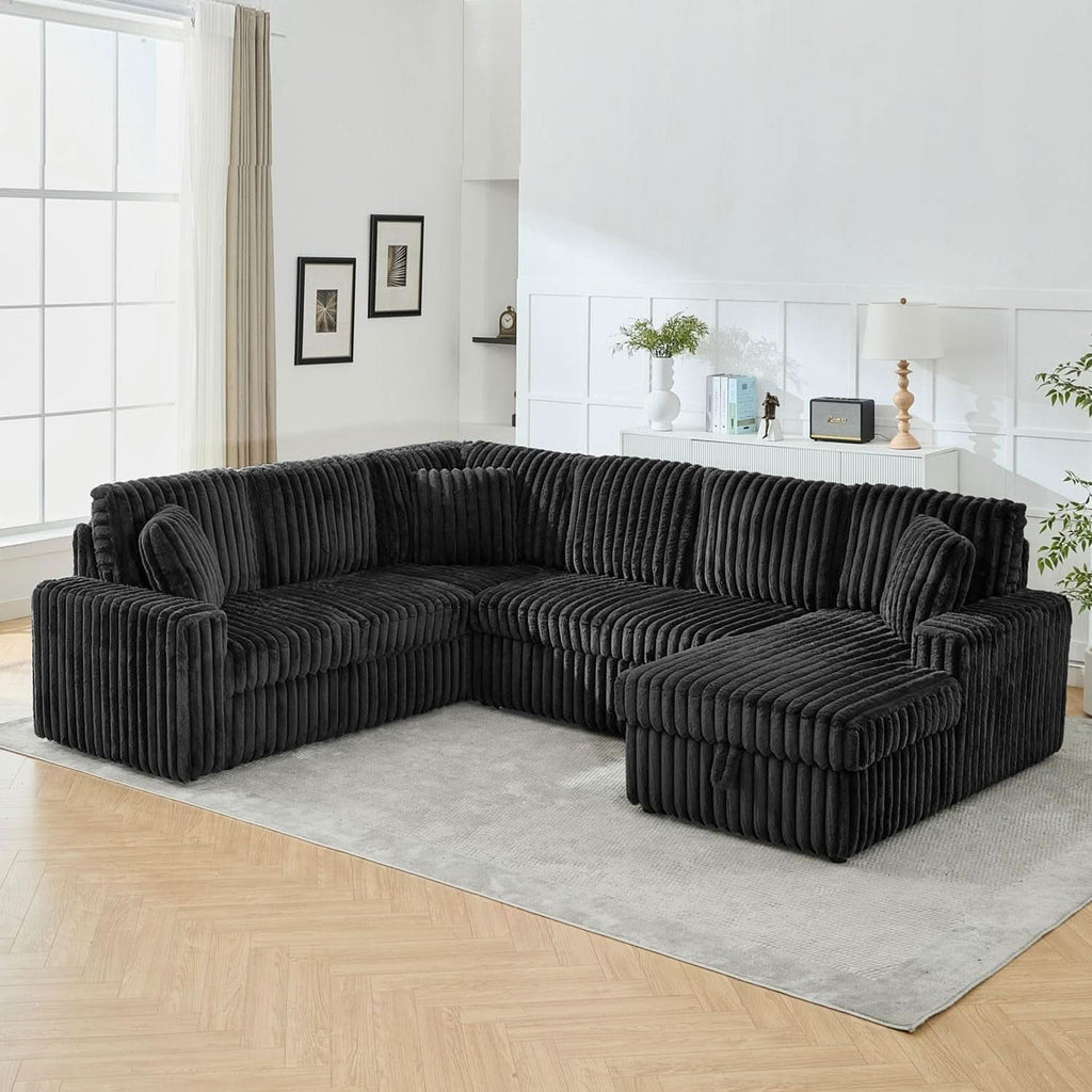 Black 122Inch U Shaped Sleeper Sectional USB Charging Ports-0