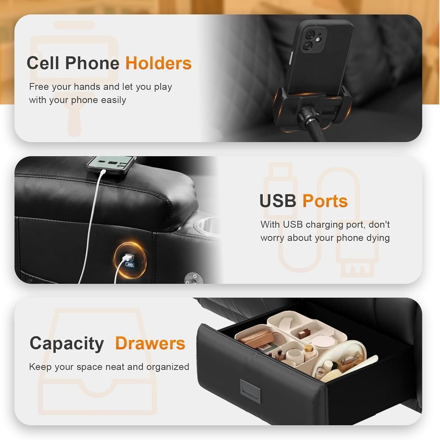 Black PU Leather Four Seater Recliner With USB Ports-4