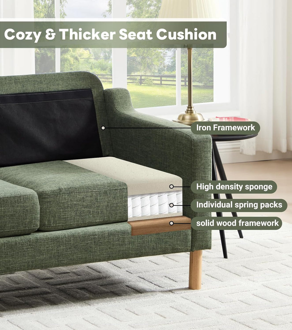 Dark green Linen Upholstered Mid Century Modern Sofa-3