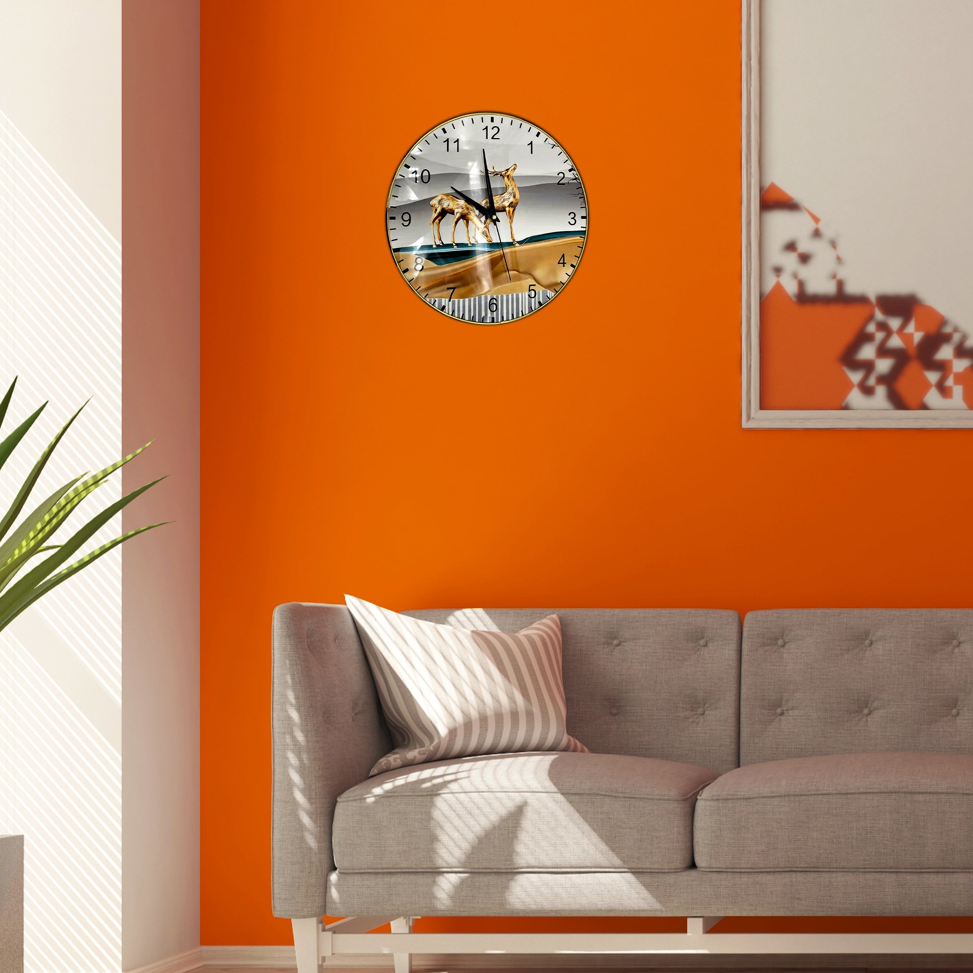 Golden Deer Painted Round Wall Clocks for Living Room Modern Design~5198-1