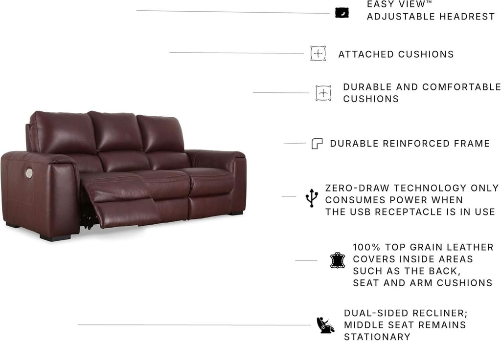 Garnet Leather Power Recliner Sofa Adjustable Headrest-3
