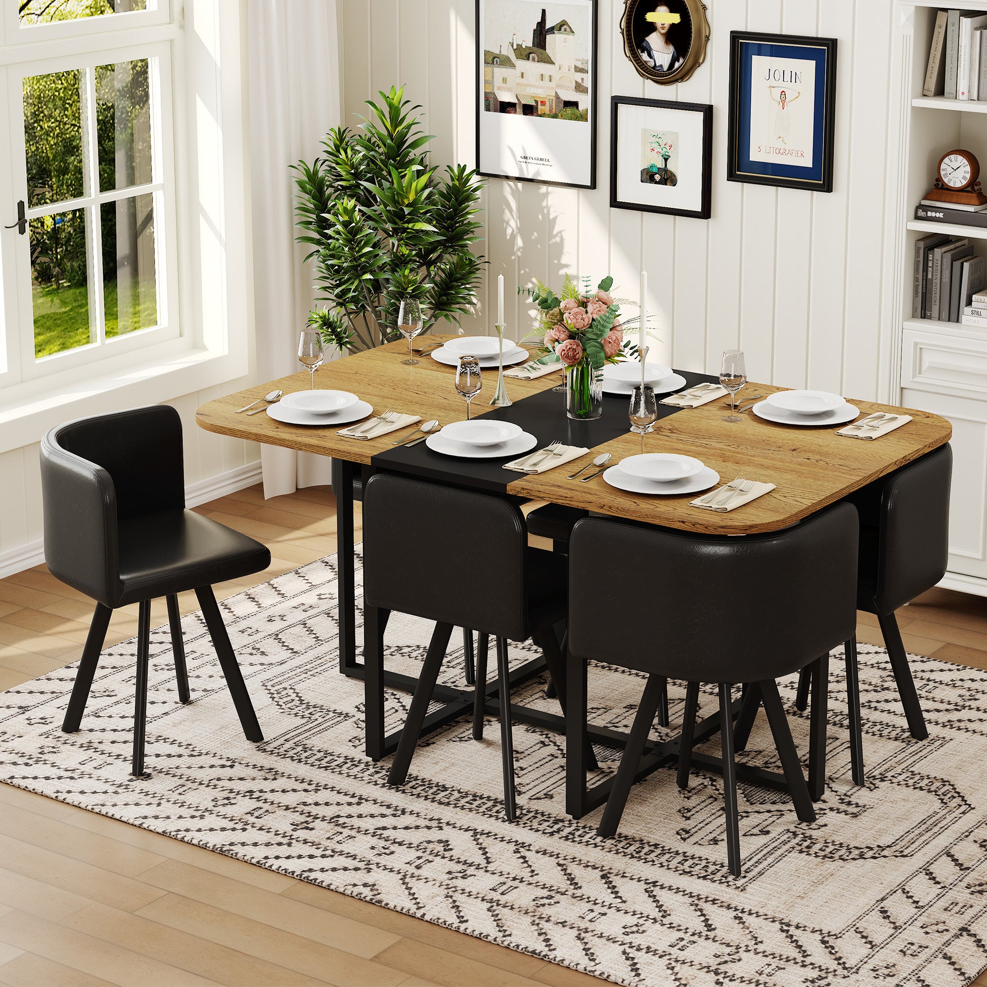 7-Piece Dining Table Set for 6, 1 Table & 6 Black Oil-Wax Faux Leather Chairs, Black & Wood Grain Melamine Table, Modern Kitchen Nook Set for Dining Room, Apartment & Small Space