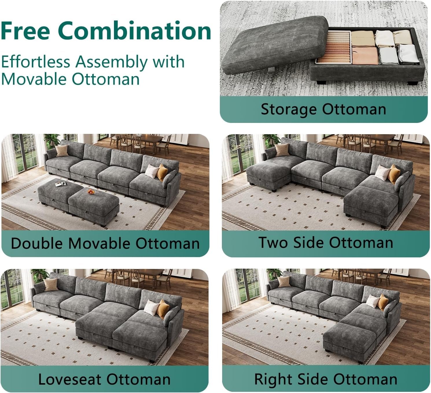 Darkest Gray Chenille U Shaped Sectional Sofa Ottoman-4