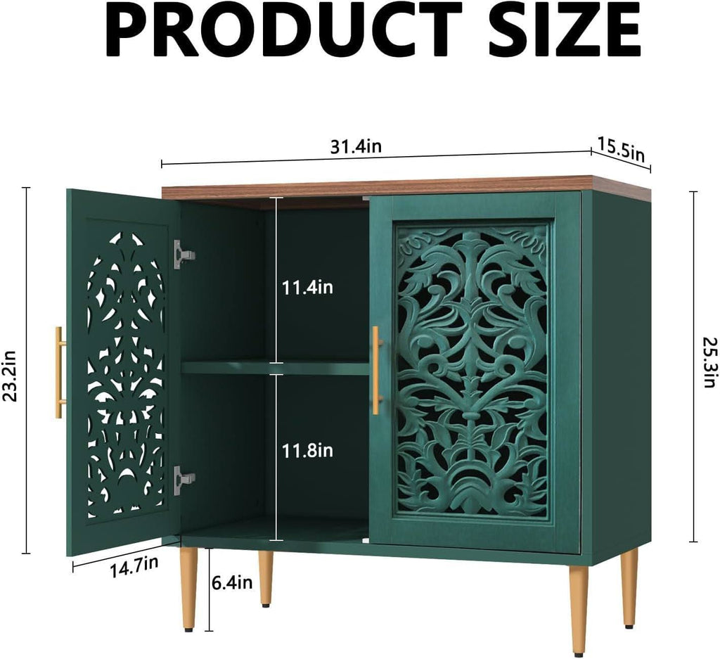 Green Accent Cabinet Carved Storage Vintage Furniture