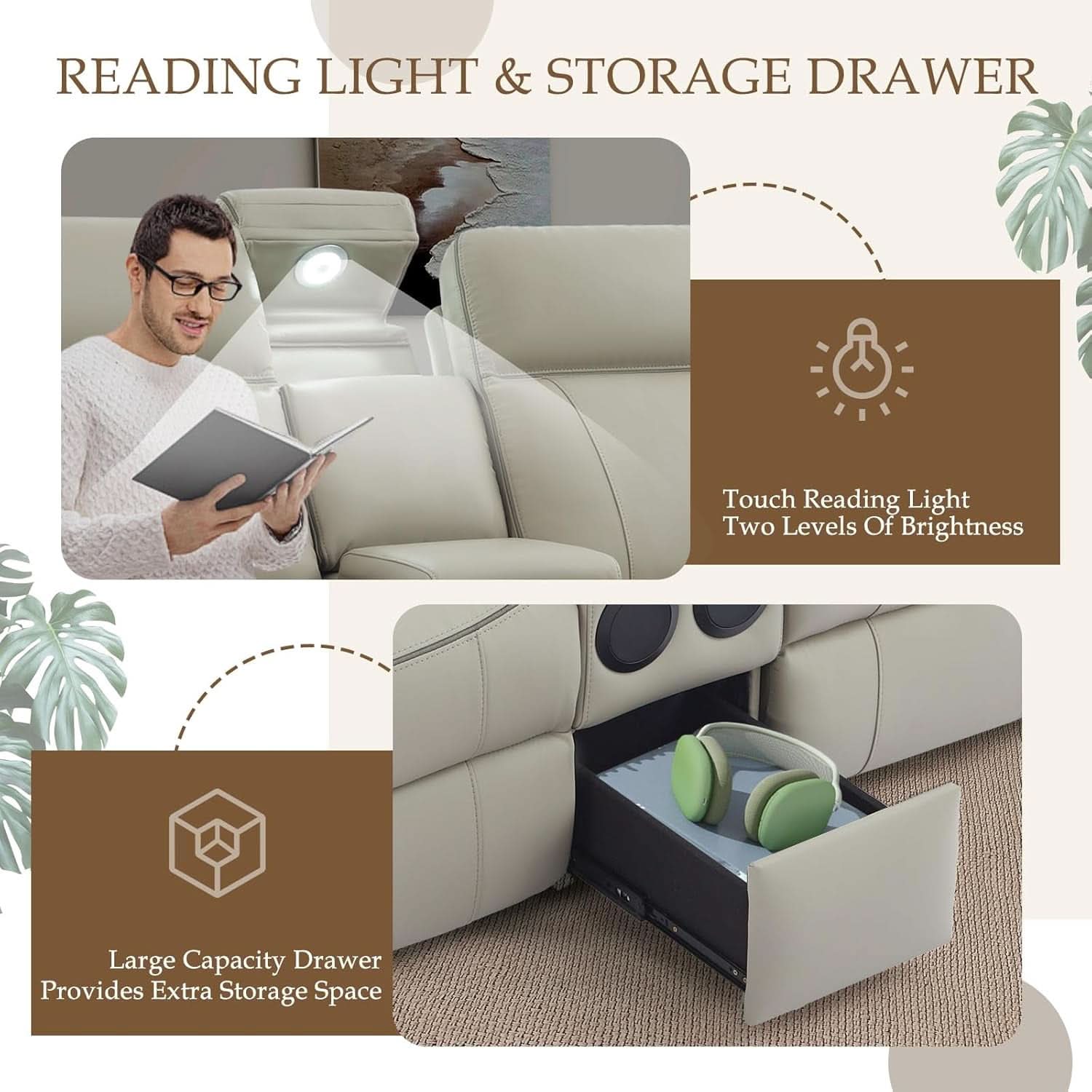 Grey Power Reclining Sofa Loveseat With Bluetooth Speakers
