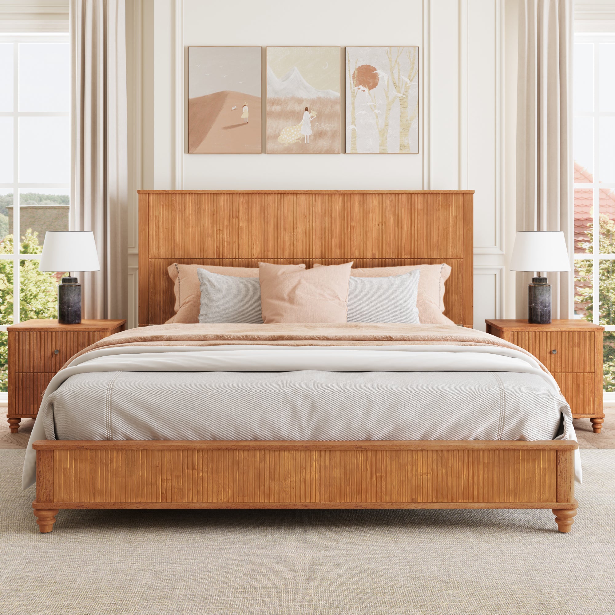 Natural Solid Wood King Platform Bed Frame with Tall Headboard, No Box Spring Needed, Crafted from Rubber Wood and Plywood