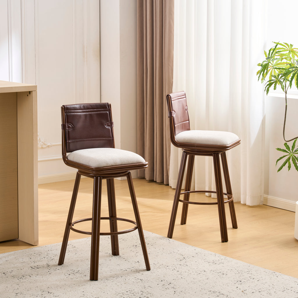Sibyl Indoor Upholstered Swivel Bar Stool with Metal Frame, Walnut Finish and Beige Upholstery, Set of 2