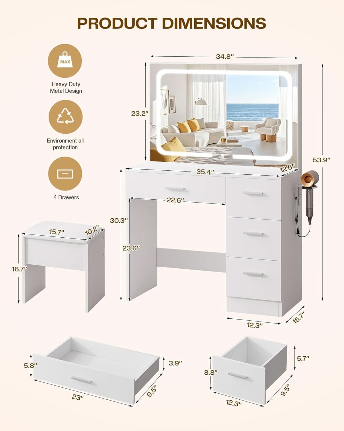 White Makeup Vanity Desk With Illuminated Mirror Pro-1