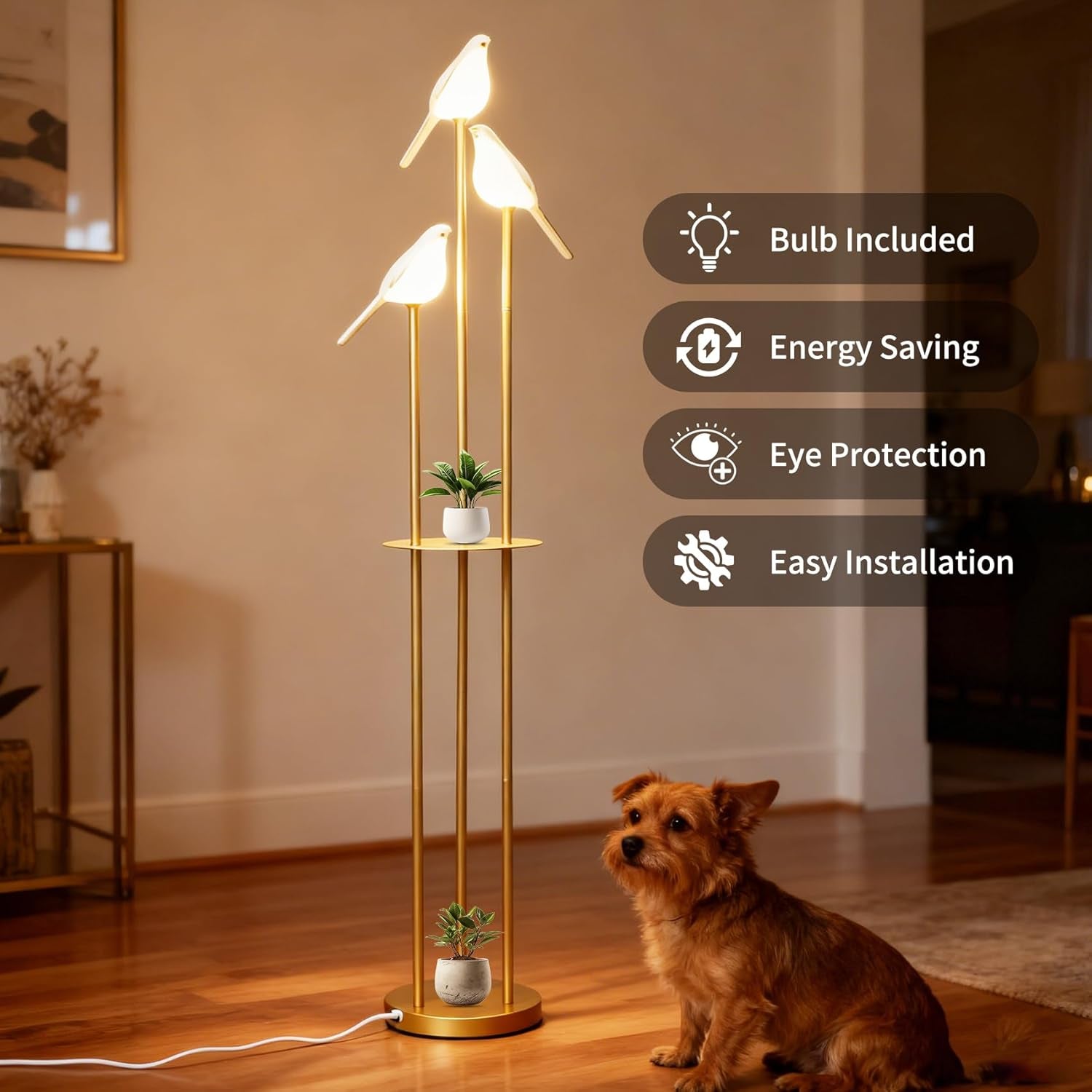 Gold Floor Lamp With Adjustable Brightness Shelving