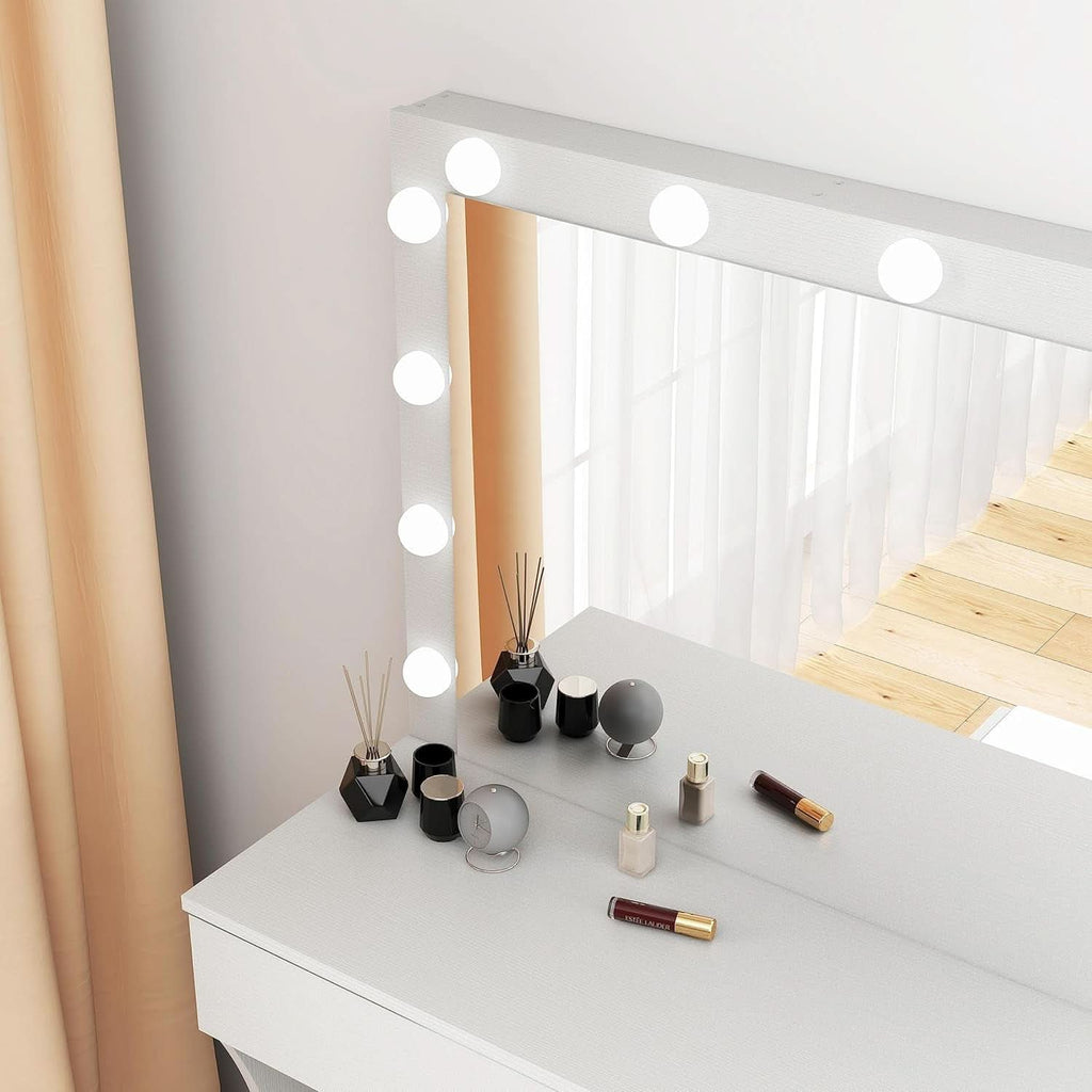 White Vanity Desk With Ultra Bright LED Mirror Storage-4