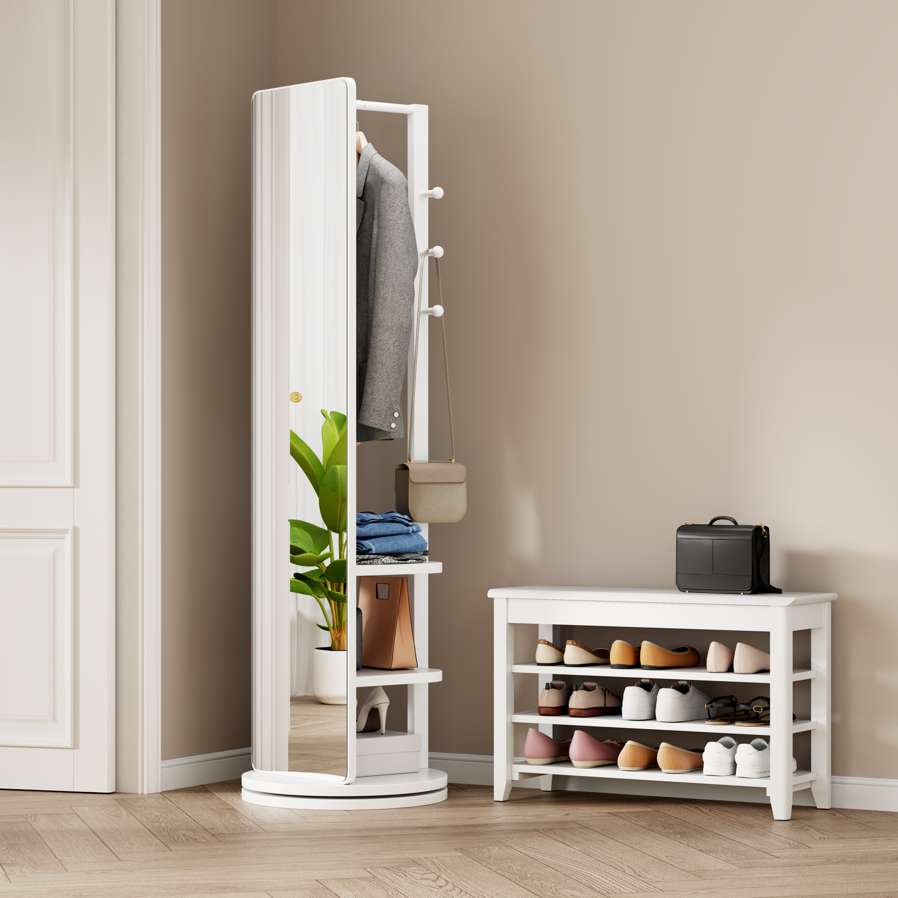 360° Rotating 66'x17.8' Multifunctional Full Length Mirror with Hook Storage Rack Coat Rack with Mirror Solid Wood Floor Mirror Bedroom Living Room Cloakroom Space Saving (white)