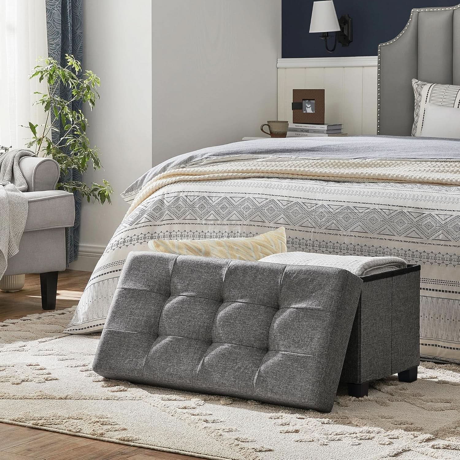 Slate Gray Storage Ottoman Bench 15x30x15.2 Inches-1