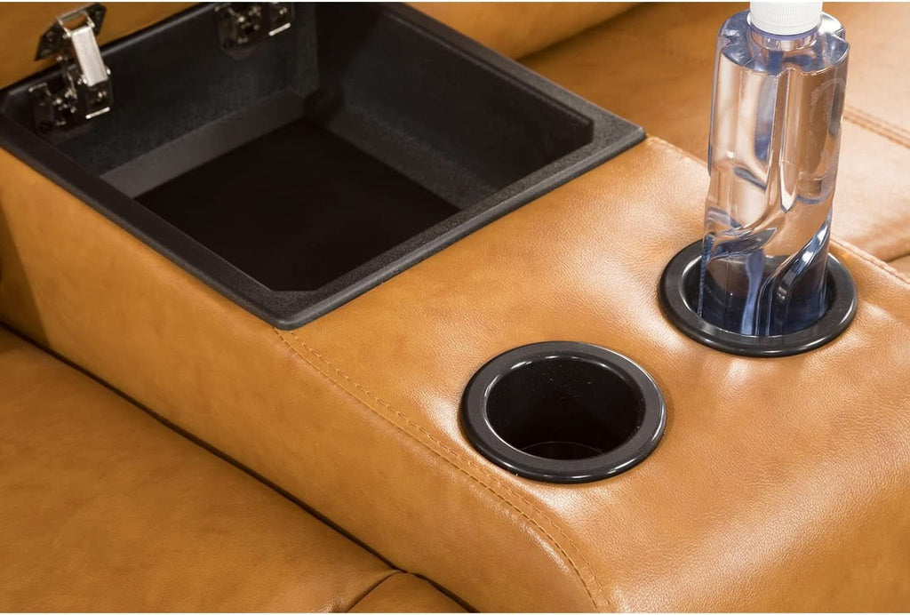 Manual Recliner Sofa Set Ginger Vegan Leather Cupholders-2