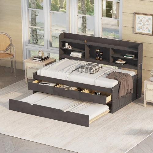 Twin Size Wooden Captain Bed with Built-in Bookshelves, Three Storage Drawers and Trundle in Antique Brown Pine Wood