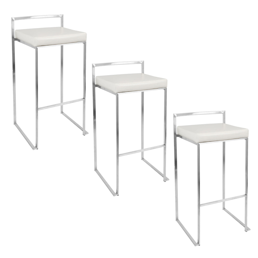 30' Contemporary Stackable Barstool in Stainless Steel with White Faux Leather  - Set of 3