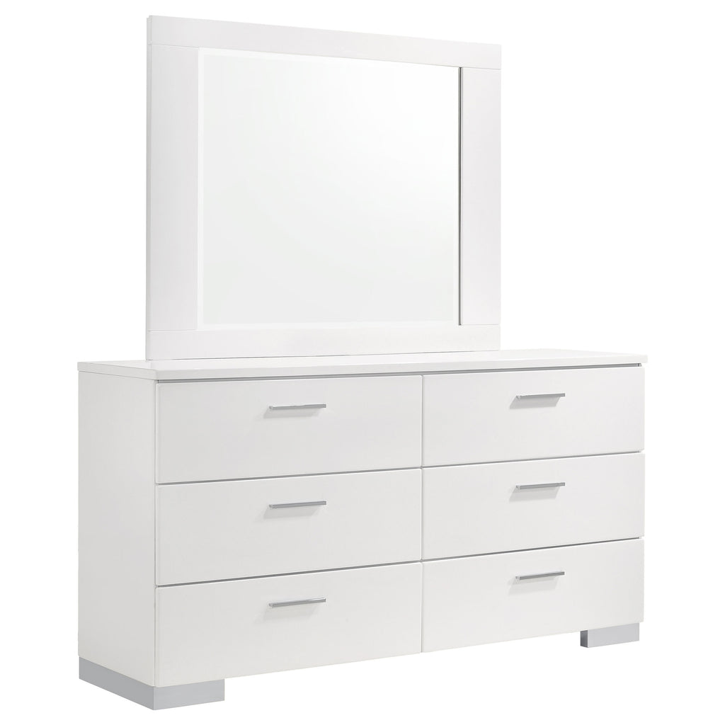 Dulcey White High Gloss 6-Drawer Dresser with Mirror in Gloss White Finish, Wood and MDF Construction, 63W x 17.75D x 71.5H inches