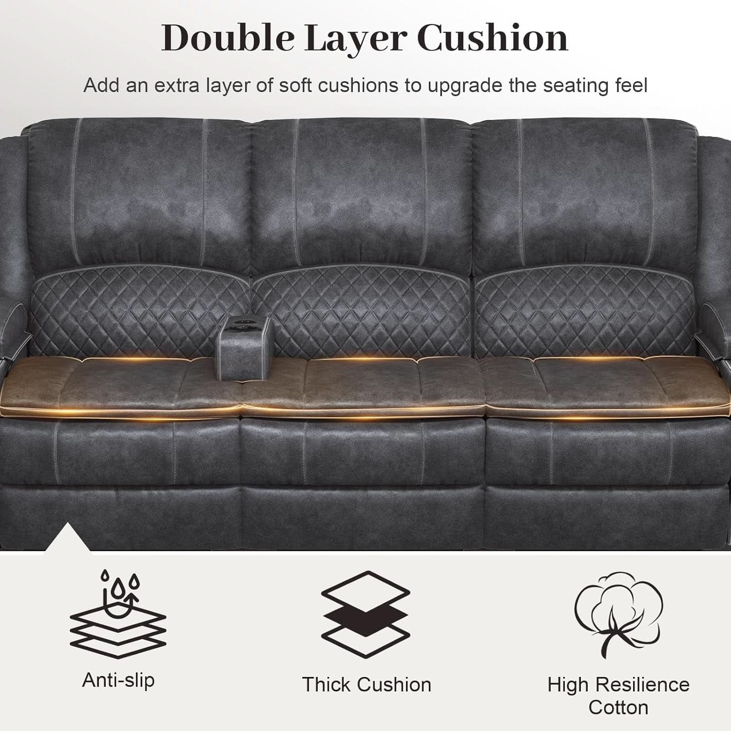 Grey Three Seater Manual Recliner Sofa Modern Living Room-4