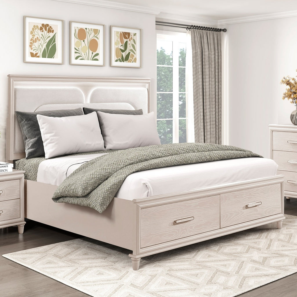Modern Luxury Queen Platform Bed with Footboard Storage Upholstered Headboard LED Light Wooden Bedroom Furniture 1pc