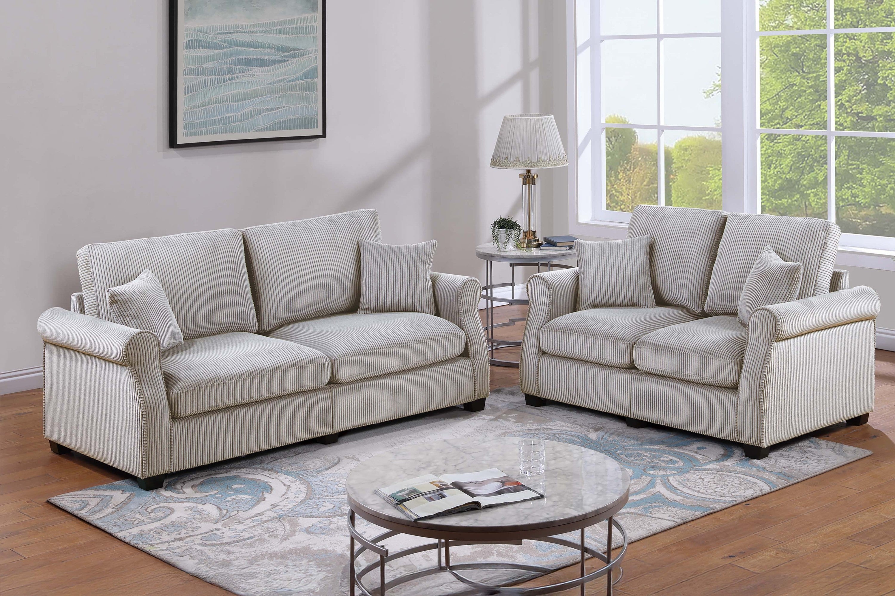 Contemporary Style 2pc Sofa Set Luxurious Corduroy Upholstered Cushion Back Seat Wooden Legs Ivory Finish Primary Living Room Matching Pillow Included