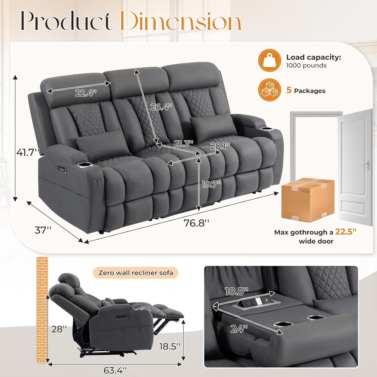 Dark Gray Adjustable Sophisticated Recliner Sofa Ports-1