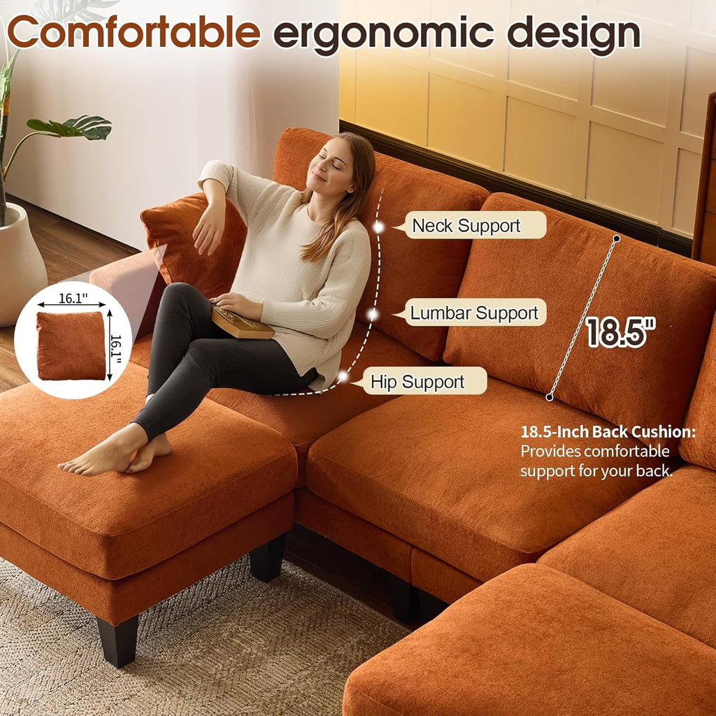 One HundredInch U Shaped Sofa Plush Chenille Ottoman Orange-3