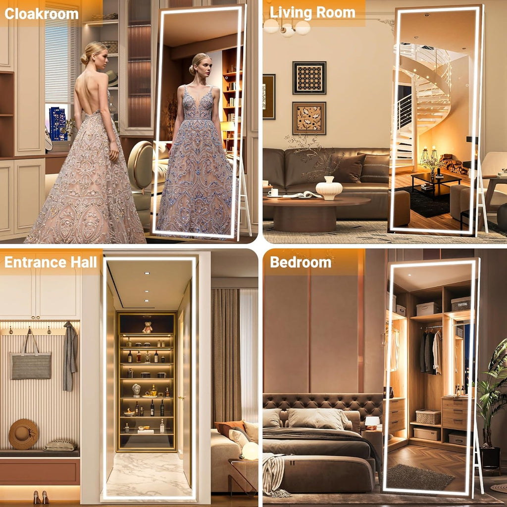 75x28 Inch LED Full Length Floor Mirror with Dimmable Lights and White Frame