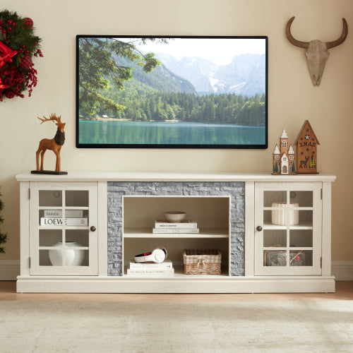 58' Modern TV Stand with 2-Door Storage, Faux Stone Media Console Cabinet, White Large Entertainment Center for Living Room