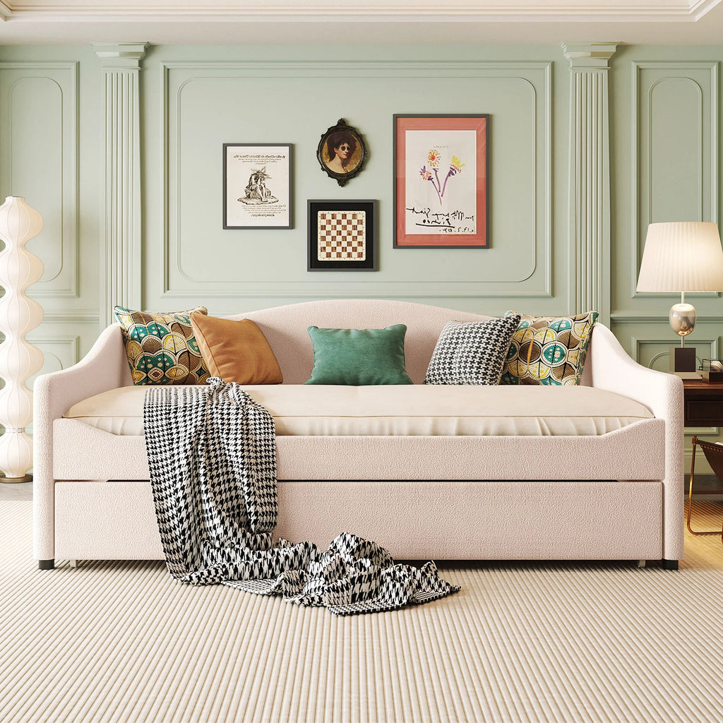 Teddy Fleece Full Size Upholstered Daybed with Light and Trundle, Beige