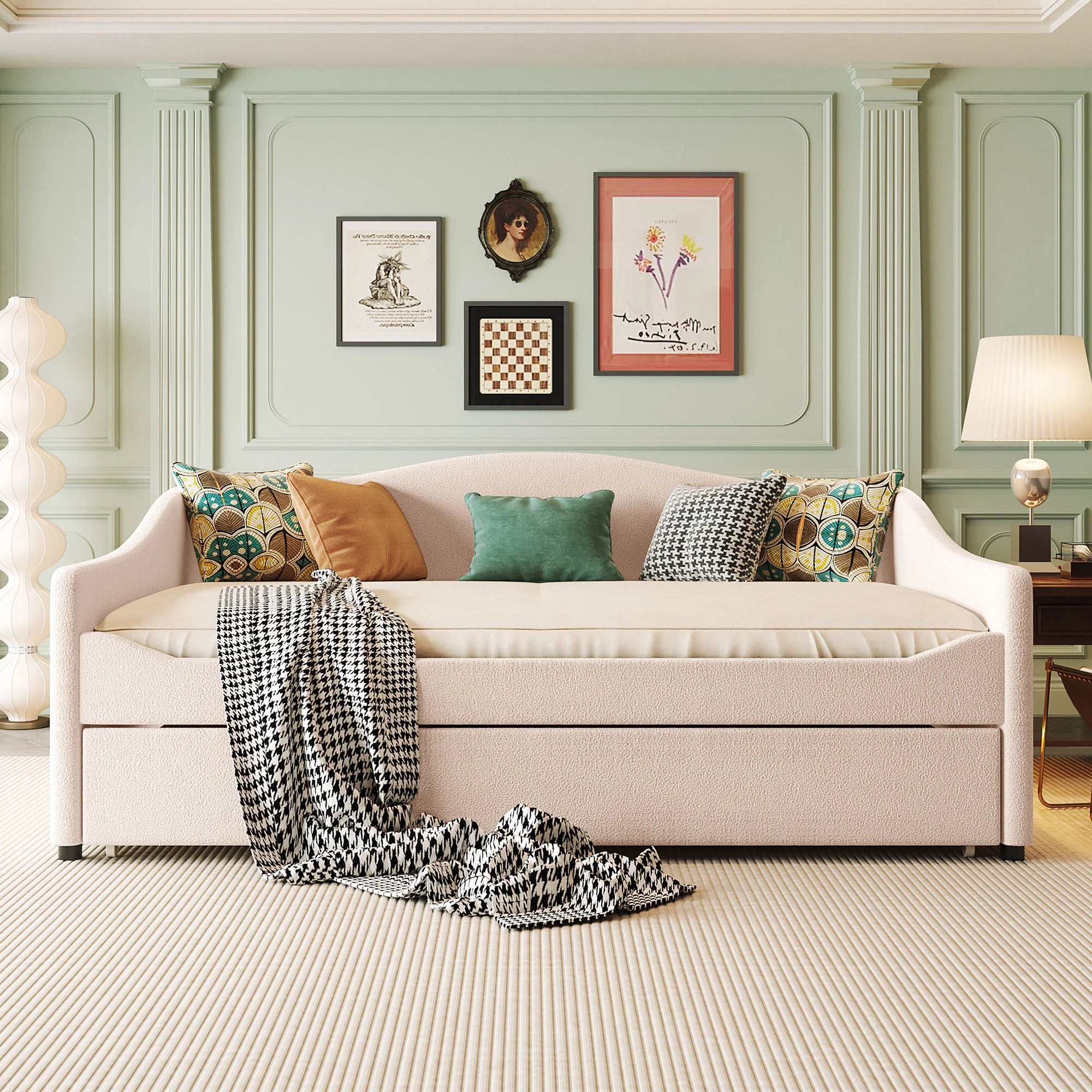 Teddy Fleece Full Size Upholstered Daybed with Light and Trundle, Beige
