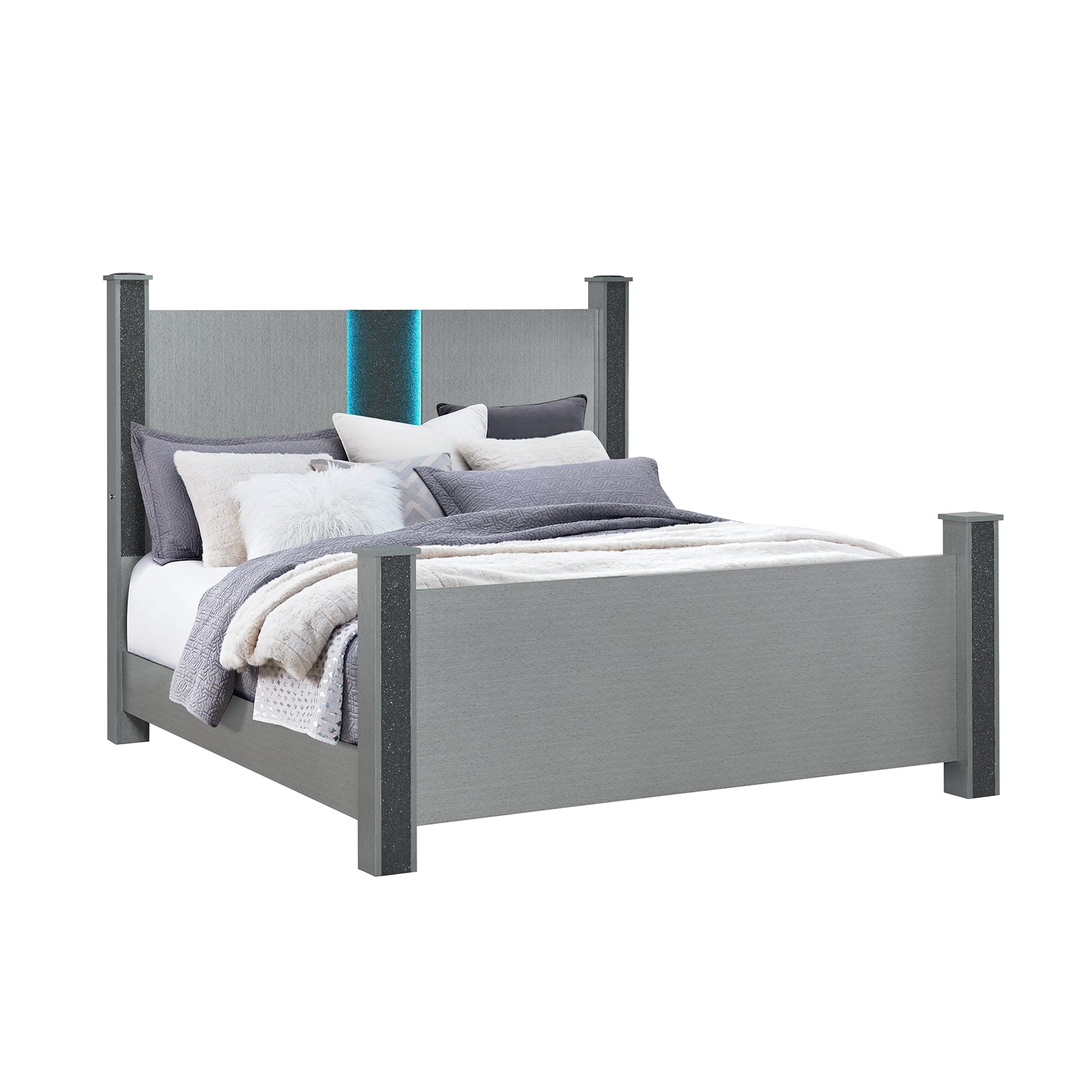 Lorenzo Silver 5-Piece Full Bedroom Set with Glittered Detailing and Speaker on Headboard