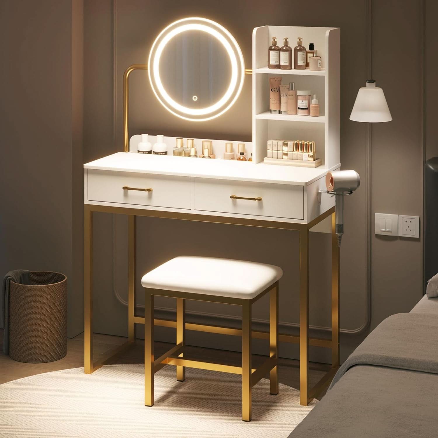 White Gold Vanity Console Table With Illuminated Mirror-1