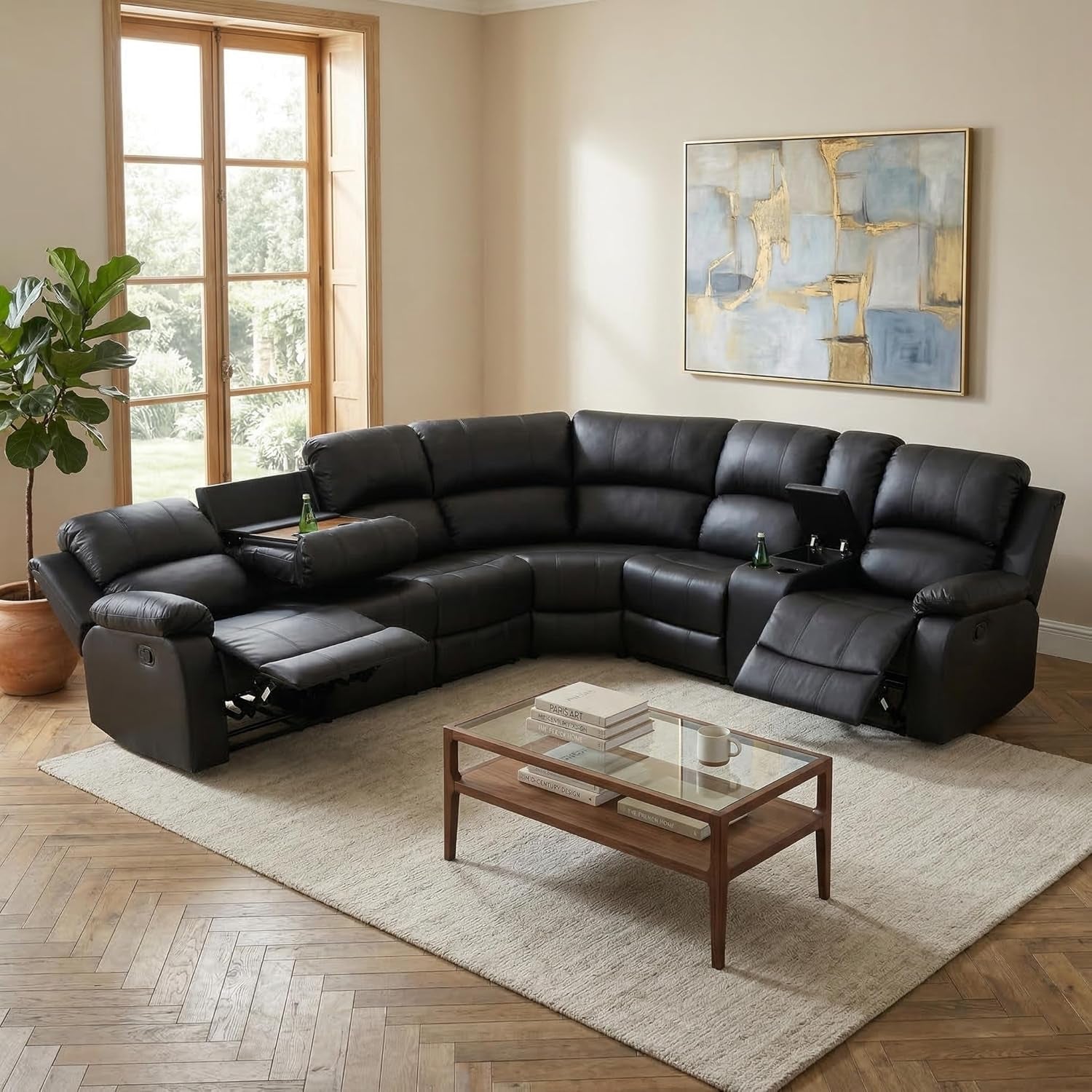 Manual Recliner Sectional Sofa Set Bonded Leather Black-0