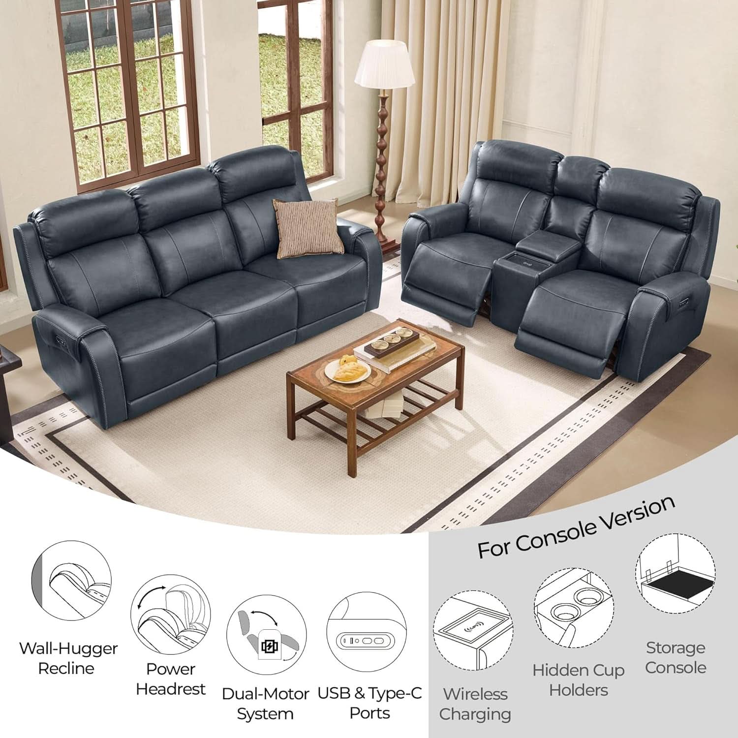 Genuine Navy Leather Adjustable Dual Motor Power Recliner-2