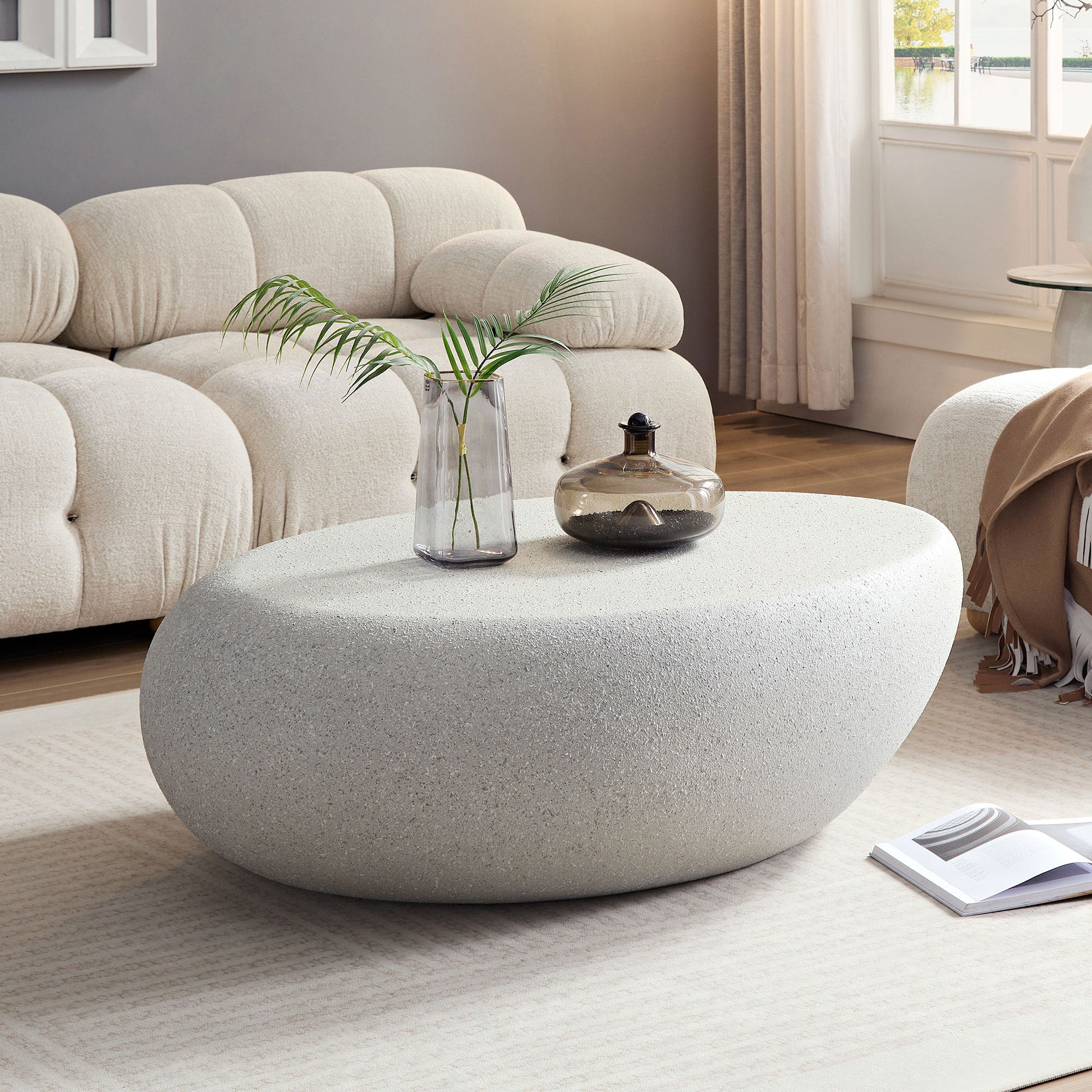 43.31''Fiberglass Elliptical Coffee Table for Living Room Vintage Table,Matte Rocks Table front of the Sofa, Irregular Center Table,No Need Assembly