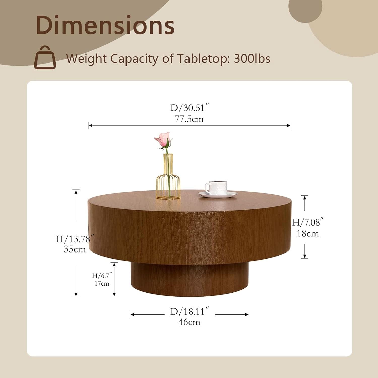 30.5Inch Circular Fluted Drum Coffee Table With Storage