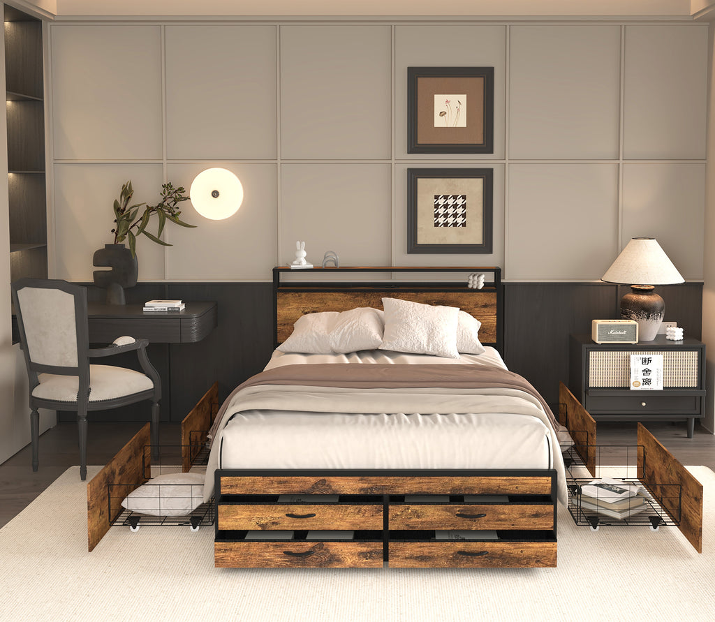 Full Size Bed Frame with 8 Storage Drawers, LED Headboard with Charging Station, Metal Platform Bed Frame, No Box Spring Needed, Noise-Free, Stable and Solid, Brown