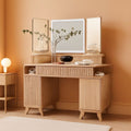 Natural Oak Forty Eight Inch Makeup Vanity Desk Three Way Mirror With Lights-0