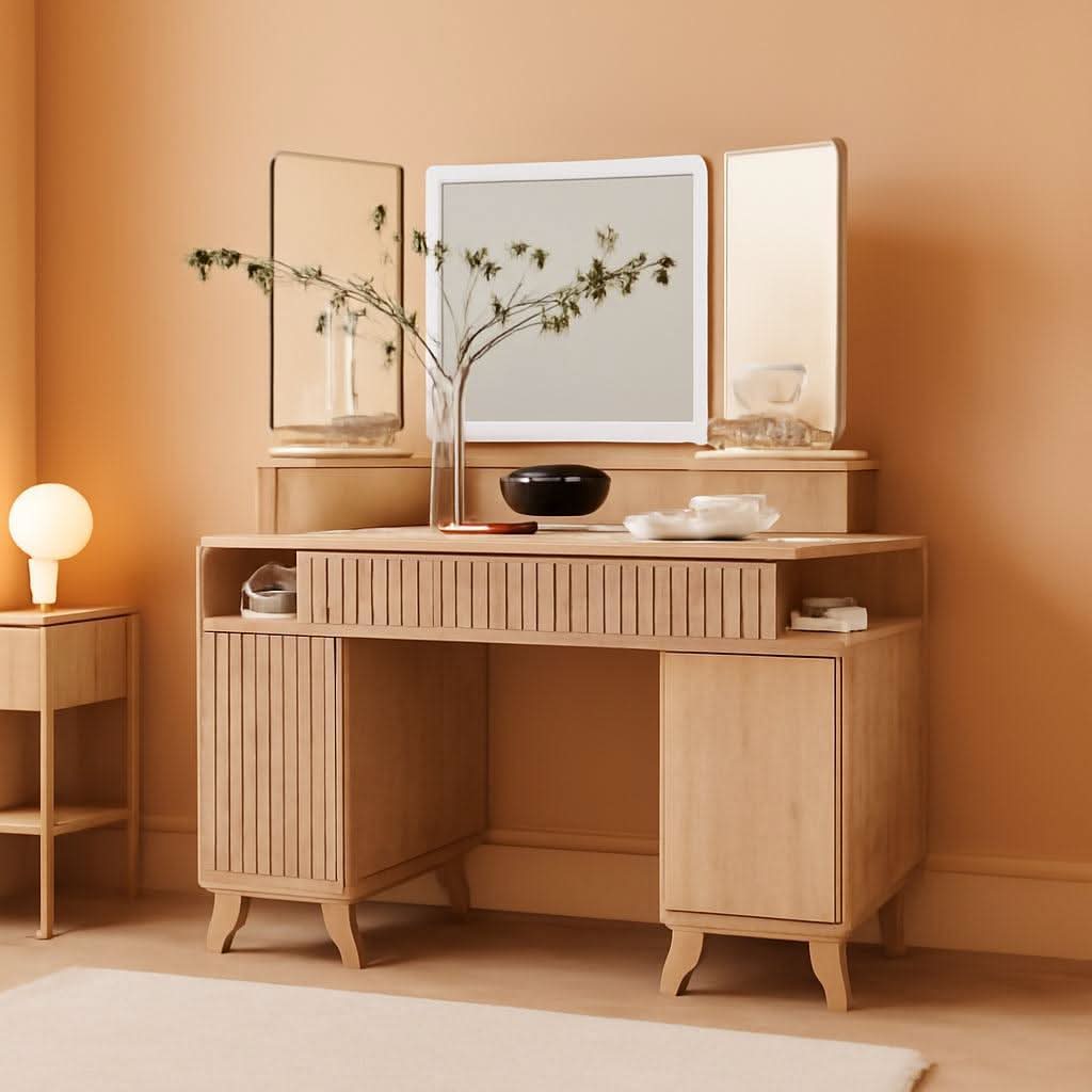 Natural Oak Forty Eight Inch Makeup Vanity Desk Three Way Mirror With Lights-0