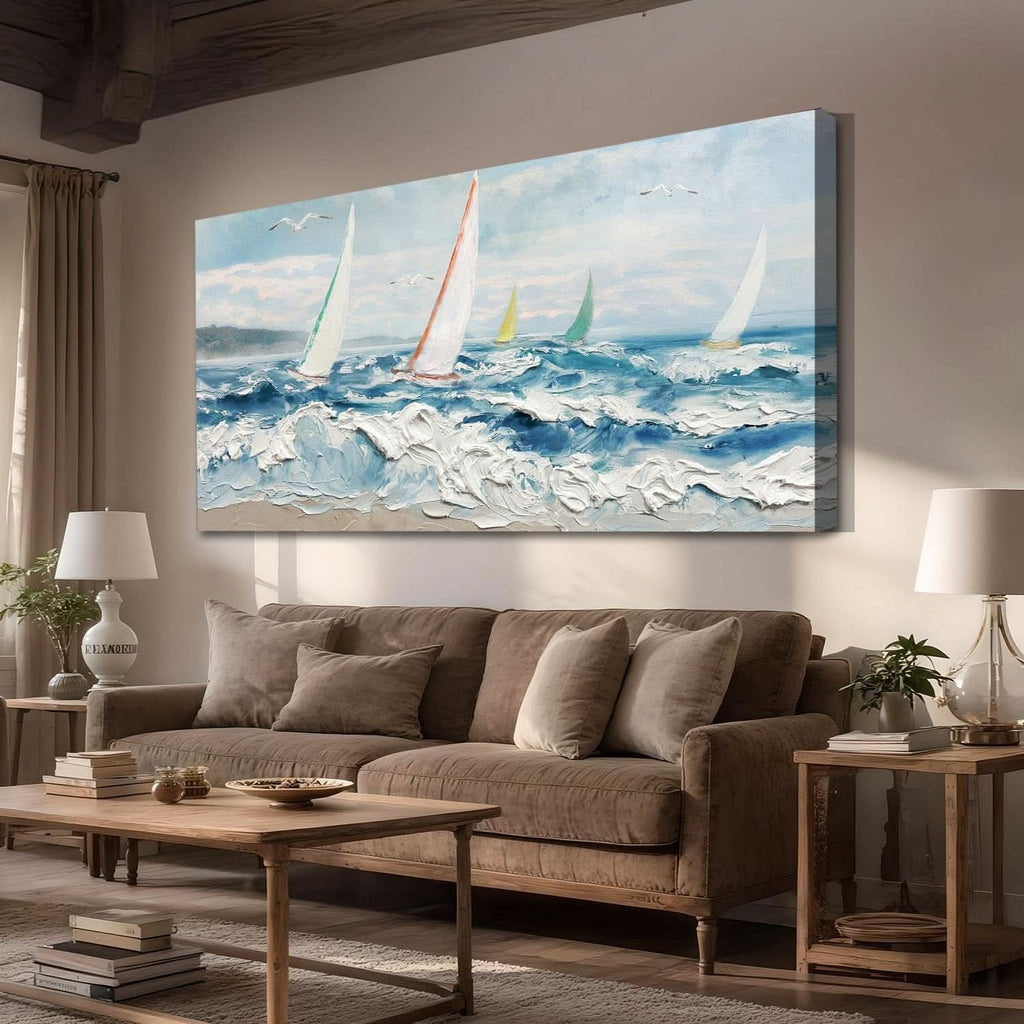 Large Blue 40x20 Inch 3D Textured Ocean Wave Canvas Art-1