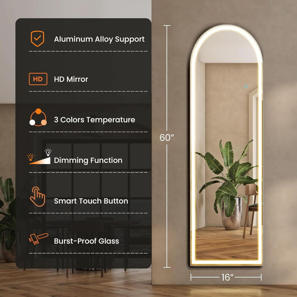 Arched Full Length LED Mirror 61x17 Inch Dimmable 3 Color Floor Stand-1