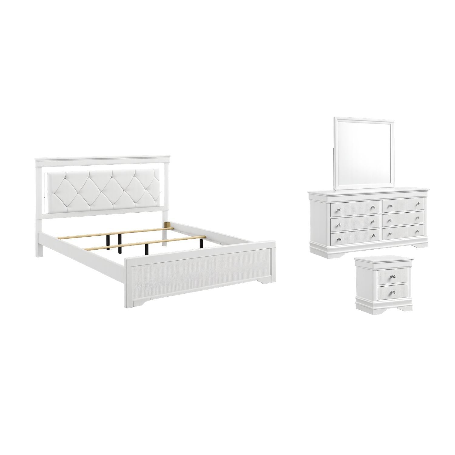 Blaze Upholstered Modern Style 4 Pc Queen Bedroom Set with LED Headboard in White Wood